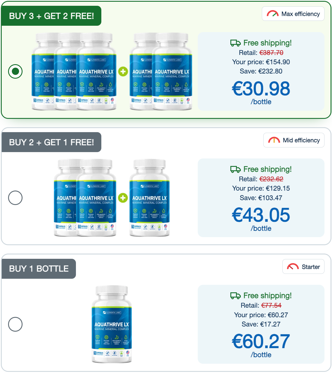 AQUATHRIVE Denmark price packages: 1, 3 and 5 bottles
